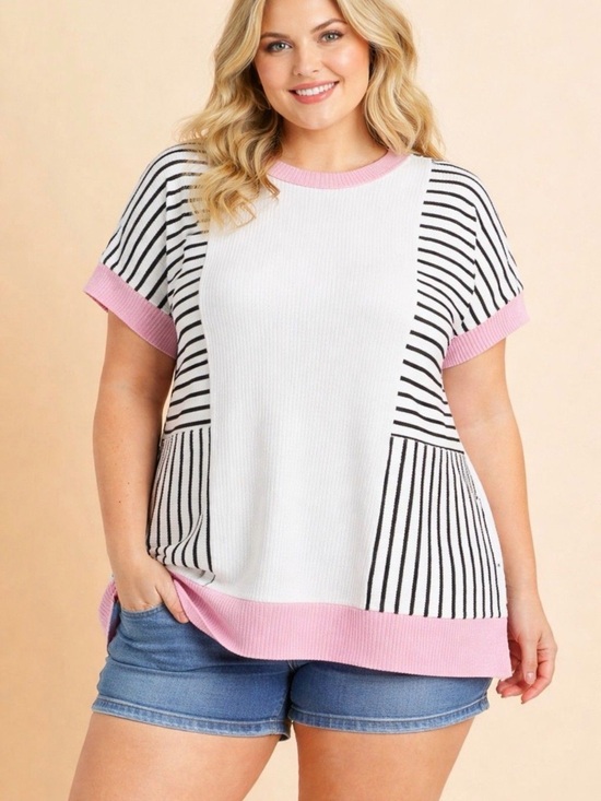 HEIMISH USA Tops - HEIMISH USA Pink, White & Black Striped Knit Top